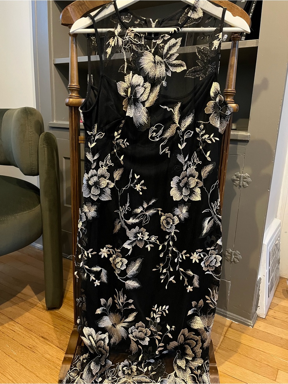 Calvin Klein Black Maxi Slip Dress with Ivory Floral Embroidery